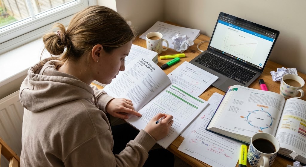 A Level Biology student revising using syllabus and exam questions