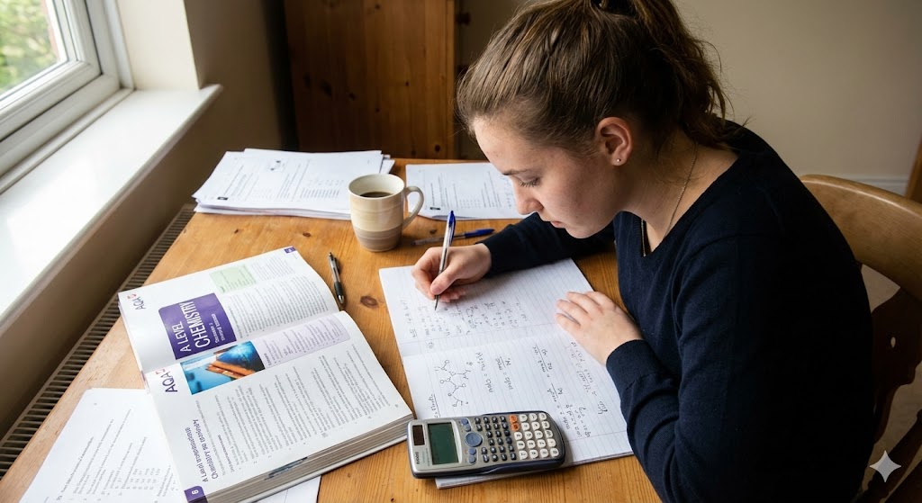 A Level Chemistry student studying with notes and past paper questions